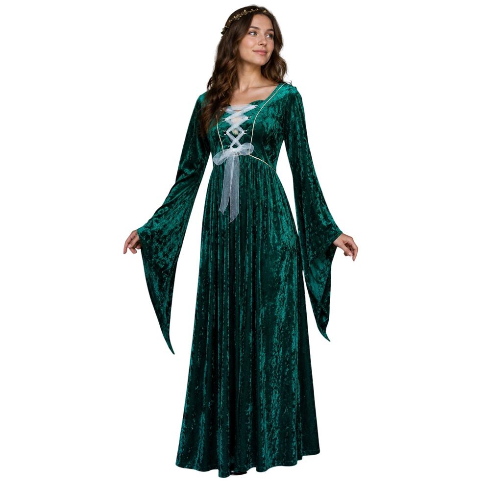Handmade Renaissance Medieval Style Green Velvet Costume Dress Lace-Up Maxi